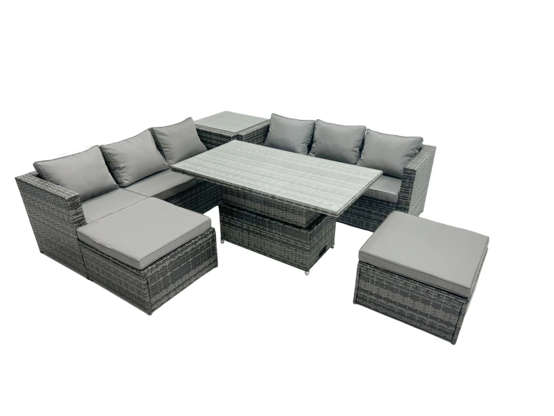 Image of Fimous Rattan Dining Table Sofa Set with Side Table 2 Stools Outdoor 8 Seat in Dark Grey Dark Grey Unisex