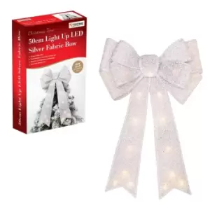 image of Christmas Workshop 50cm Silver Fabric Bow with 25 Warm White LED Lights