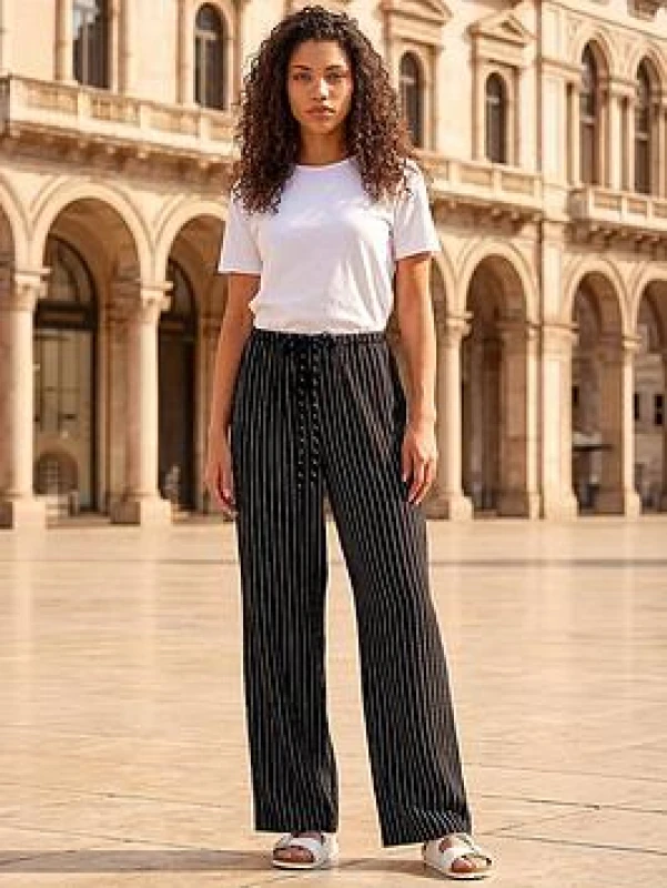 Image of Roman Womens Petite Stripe Pull On Stretch Trouser in Black Size: 18 Black Female 18