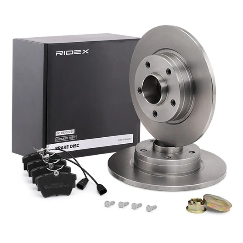 Image of RIDEX 3405B0174 Brake disc and pads set Rear Axle, Brake Disc Type: Solid, with wheel bearing kit Brake Set,disc brakes (3405)