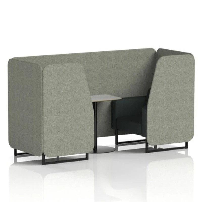 Image of Brixworth 2 Seater Office Booth with Front Panel - Black Legs and Grey Table with Black Leg in Rivet Fabric - Vitreous Panels and Charcoal Sofa