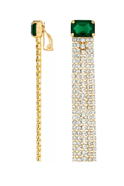 image of Gold Plated Crystal And Emerald Stone Drop Clip Earrings