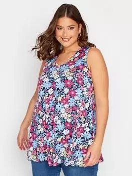 Image of Yours Pleat Swing Vest Navy Floral, Blue, Size 22-24, Women