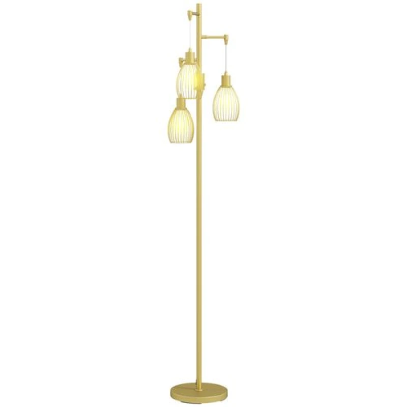 Image of HOMCOM HOMCOM 3-Light Floor Lamp Industrial Standing Light w/ Steel Lampshades Dimmable Light in Gold Gold One Size Unisex 5063603028531