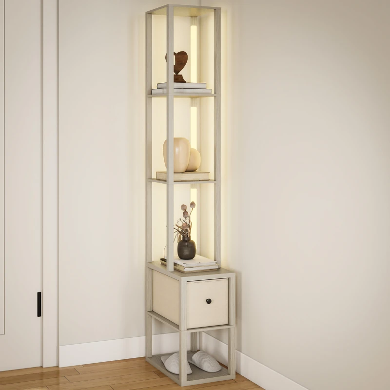 Image of HOMCOM HOMCOM LED Floor Lamp with Shelves, Adjustable Brightness, Foot Switch for Bedroom in Light Oak Light Oak One Size Unisex 5063603829916