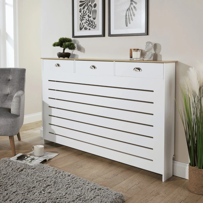 Image of Home Source Batley Large Radiator Cover Grill Shelf Cabinet 3 Drawers Modern White White Unisex
