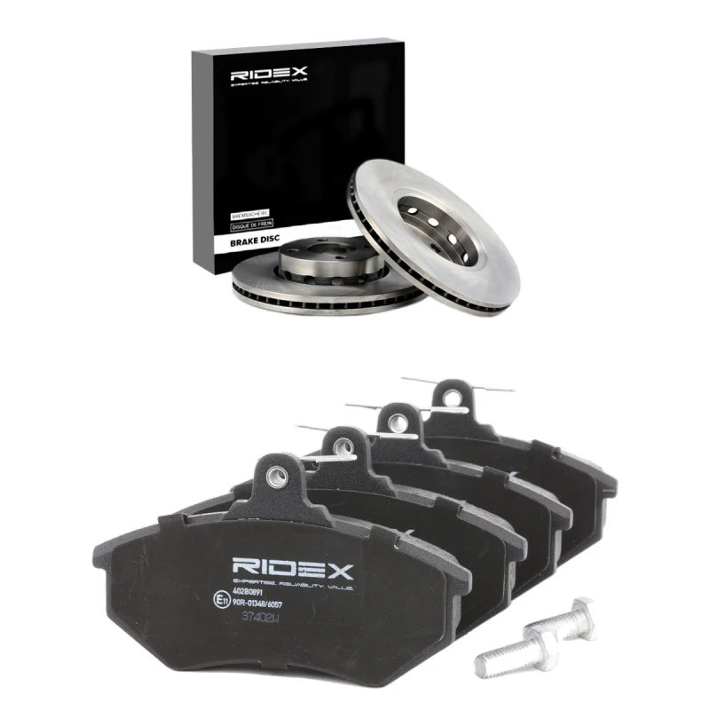 Image of RIDEX 3405B2958 Brake disc and pads set Front Axle, Brake Disc Type: Vented, not prepared for wear warning indicator Brake Set,disc brakes (3405)