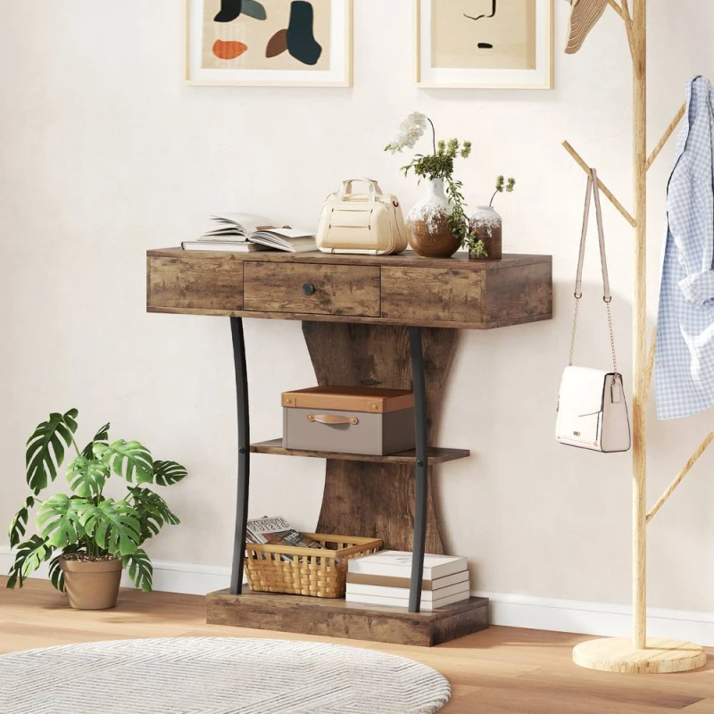 Image of HOMCOM Console Table Hallway Table with Storage Shelves, Rustic Brown Brown Unisex
