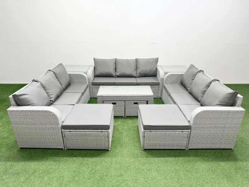 Image of Fimous PE Rattan 3 Seater Sofa Set with Oblong Coffee Table 2 Side Tables in Light Grey Light Grey Unisex