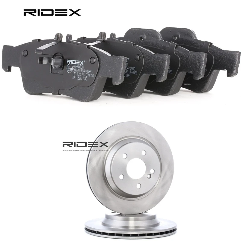 Image of RIDEX 3405B3344 Brake disc and pads set Rear Axle, Brake Disc Type: internally vented, prepared for wear warning indicator Brake Set,disc brakes (340