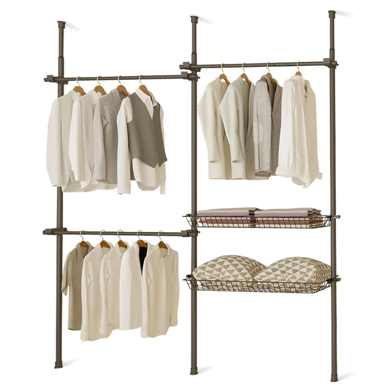 Image of House of Home Telescopic Wardrobe Organiser Double Black Rail Clothes Rack Baskets Storage Black unisex