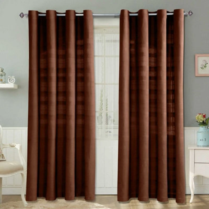 Image of Homescapes Cotton Rajput Ribbed Chocolate Brown Curtain Pair, 54 X 54" Drop