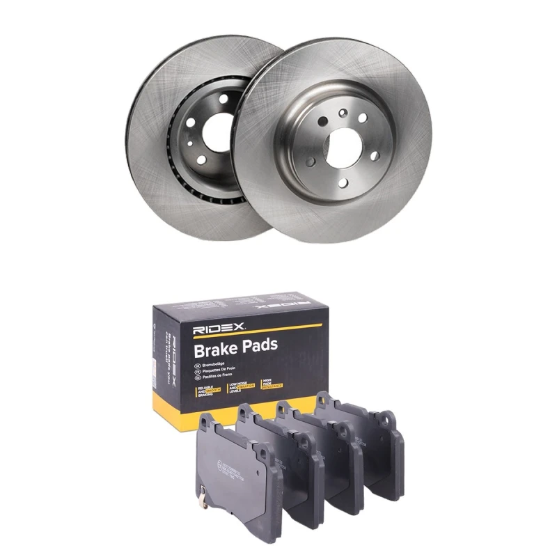 Image of RIDEX 3405B2525 Brake disc and pads set Front Axle, Brake Disc Type: internally vented, with acoustic wear warning Brake Set,disc brakes (3405)