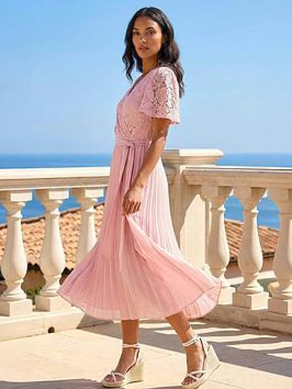 Image of Roman Womens Lace Detail Wrap Midi Dress in Pink Size: 10 Pink Female 10