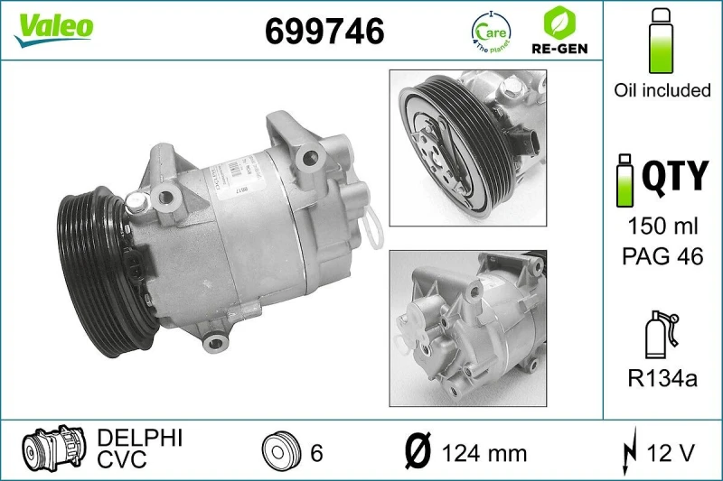 Image of VALEO 699746 AC Compressor REMANUFACTURED, PAG 46, Refrigerant: R134a, with PAG compressor oil Compressor,air conditioning (447)