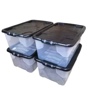 image of 4 x 42L Clear Storage Box with Black Lid, Stackable and Nestable Design Storage Solution