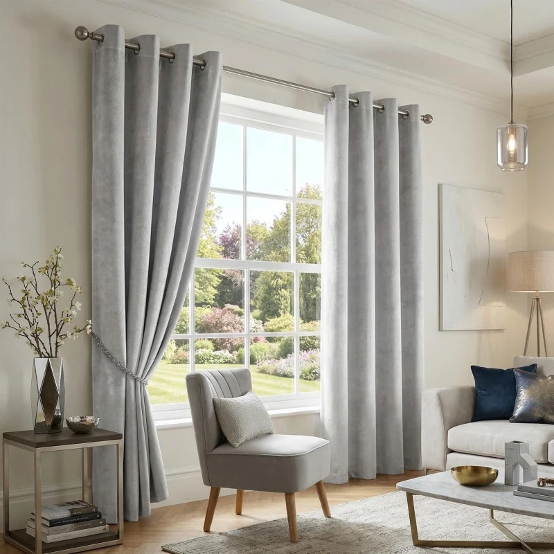 Image of Luxury Living Velvet Thermal Blackout Eyelet Curtains Ready Made Pair in Silver Size: 229cm width x 183cm drop Silver Unisex 229cm width x 183 cm