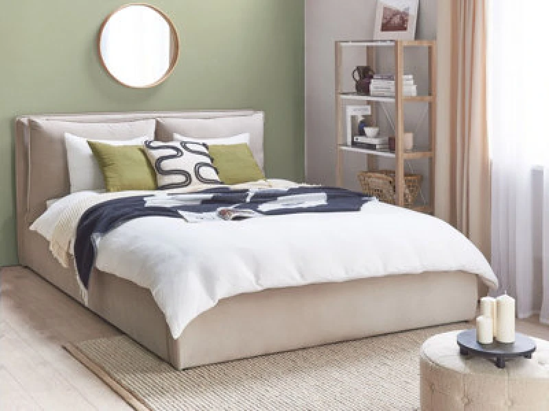 Image of Beliani Ottoman Bed Velvet Bajonna 160 X 200 Cm (Eu King Size) Beige