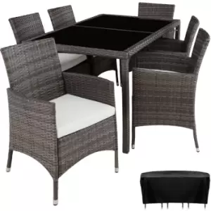 Image of Rattan garden furniture set 6+1 with protective cover - garden tables and chairs, garden furniture set, outdoor table and chairs - grey/white