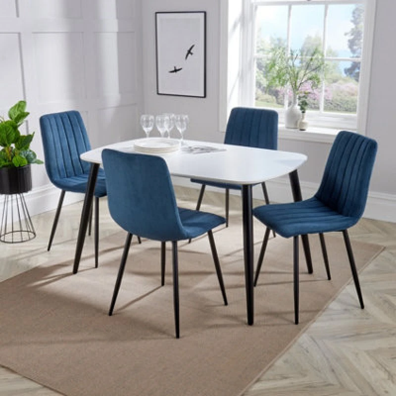 Image of Core Products Aspen White 120Cm Rectangular Dining Table With 4 Blue Cord Fabric Straight Stitch Design Chairs