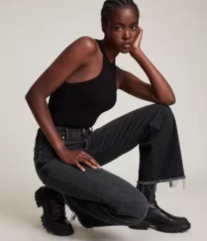 Image of AllSaints Womens Becca High-Rise Slim Flared Jeans, Washed Black, Size: 28