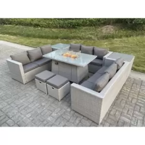 Image of Fimous 9 Seater Outdoor Light Grey PE Rattan Lounge Complete Sofa Set with Gas Fire Pit Heater and 2 Stools