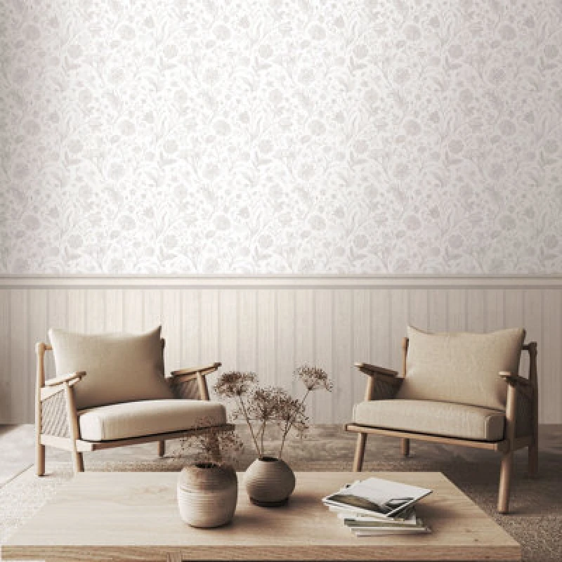 Image of Hoopla Walls Tongue And Groove Floral Toile- Washed White (10M Wallpaper)