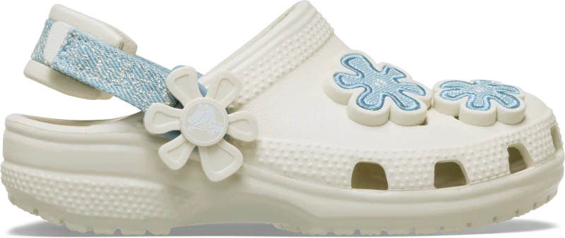 Image of Crocs Kids Toddler Classic Denim Flower Adjustable Backstrap Clogs Summit White C8