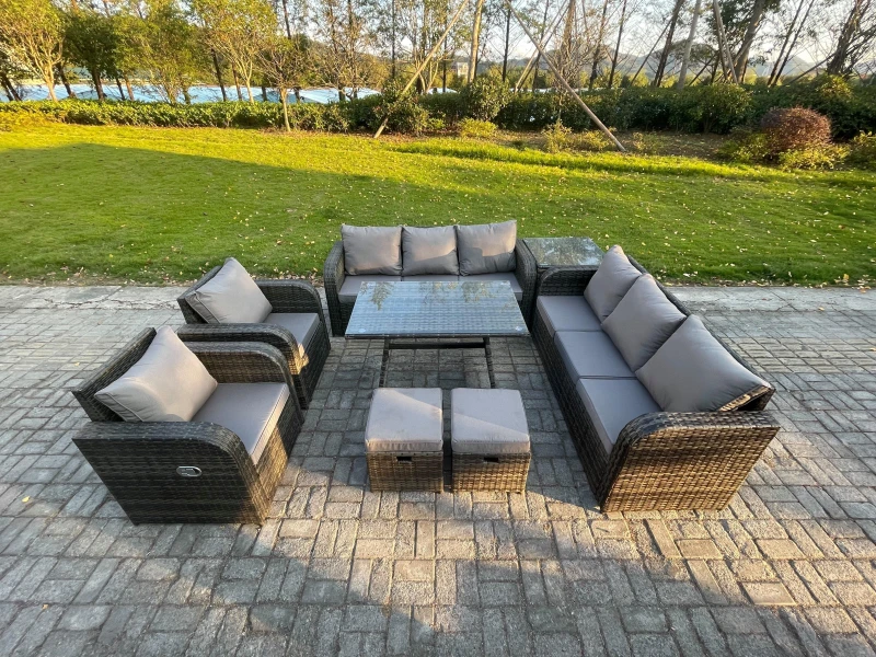 Image of Fimous 10 Seater Rattan Outdoor Garden Furniture Sofa Set Patio Table & Chairs Set with 3 Seater Sofa Rectangular Dining Table Side Table Dark Grey