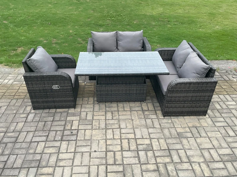 Image of Fimous Wicker PE Rattan Furniture Garden Dining Set Outdoor Height Adjustable Rising lifting Table With Reclining Chair Dark Grey