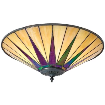 image of Interiors Dark Star - 2 Light Large Ceiling Flush Light Dark Bronze, Amber, Tiffany Style Glass, E27