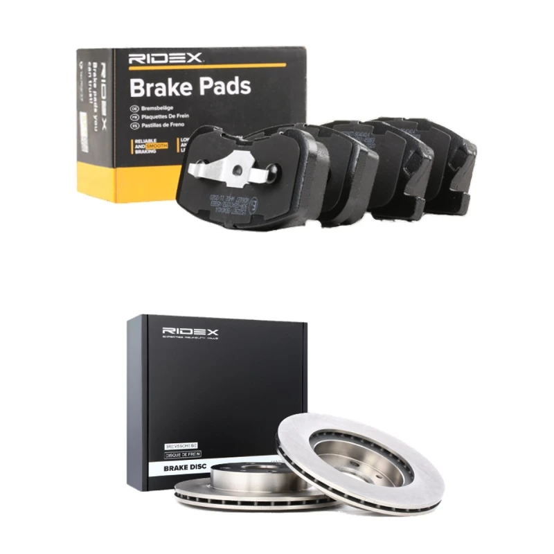 Image of RIDEX 3405B2754 Brake disc and pads set Front Axle, Brake Disc Type: internally vented, with acoustic wear warning Brake Set,disc brakes (3405)