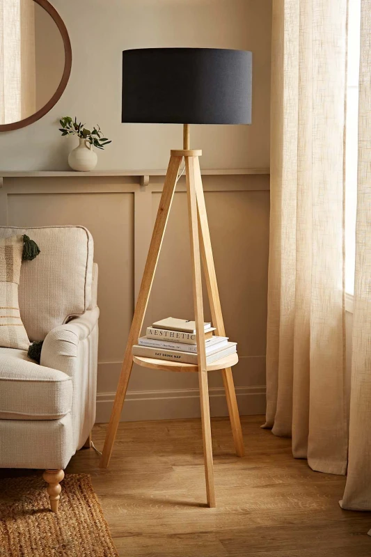 Image of ValueLights Morrigan Light Wood Tripod Floor Lamp With Fabric Drum Lamp Shade Black
