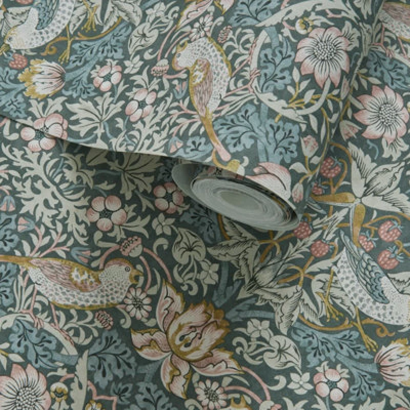 Image of WILLIAM MORRIS BY CLARKE & CLARKE Strawberry Thief Slate/blush Wallpaper Grey 50X1000CM