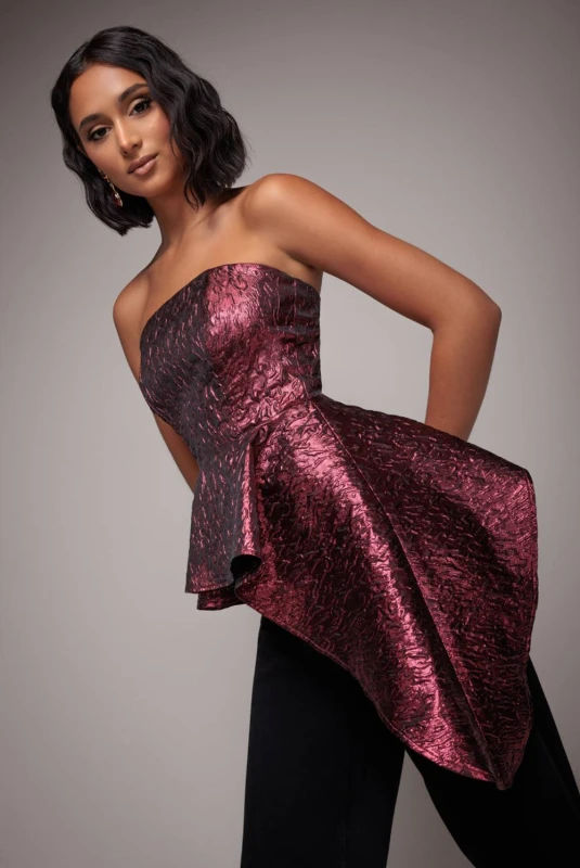 Image of Goddiva Womens Boob Tube Jacquard Top With Asymmetric Peplum Frill in Burgundy Size: 8 Burgundy Female 8