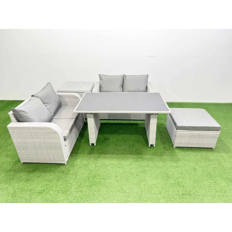 Image of Fimous 5 Pieces Outdoor PE Rattan Sofa Set with Cushions Side Table Big Stool in Light Grey Light Grey Unisex