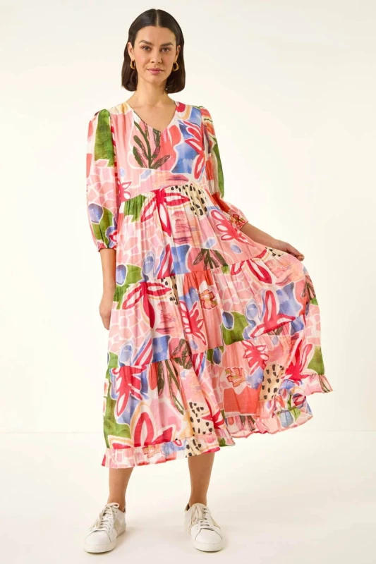 Image of Roman Womens Abstract Print Tiered Dress in Pink Size: 14 Pink Female 14