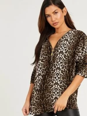 image of Quiz Animal Print Zip Front Top, Dark Brown, Size S, Women