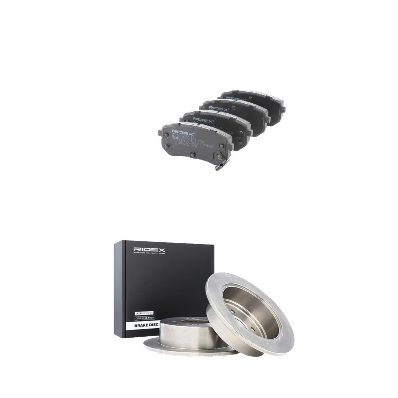 Image of RIDEX 3405B2338 Brake disc and pads set Rear Axle, Brake Disc Type: Solid, with acoustic wear warning Brake Set,disc brakes (3405)