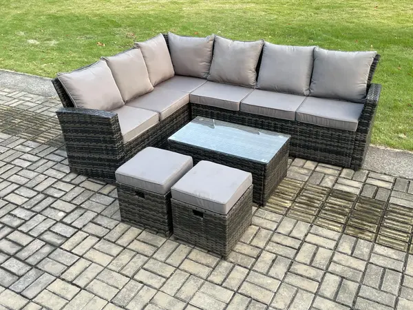 Image of Fimous 6 Seater Outdoor Dark Grey Rattan Lounge Complete Sofa Set Left Side with Oblong Coffee Table and 2 Stools