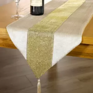 image of Panache Home Eclat Diamante Faux Velvet Table Runner, Mink/Gold, 13 x 72 Inch