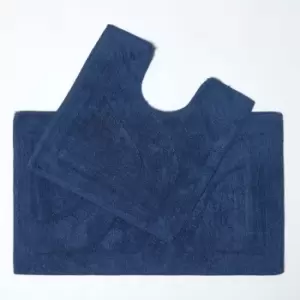 Image of Luxury Two Piece Cotton Navy Blue Bath Mat Set - Blue - Blue - Blue - Homescapes
