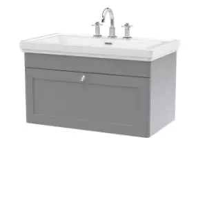 image of Nuie Classique 800mm Wall Hung 1-drawer Unit & Basin 3 Tap Holes - Satin Grey