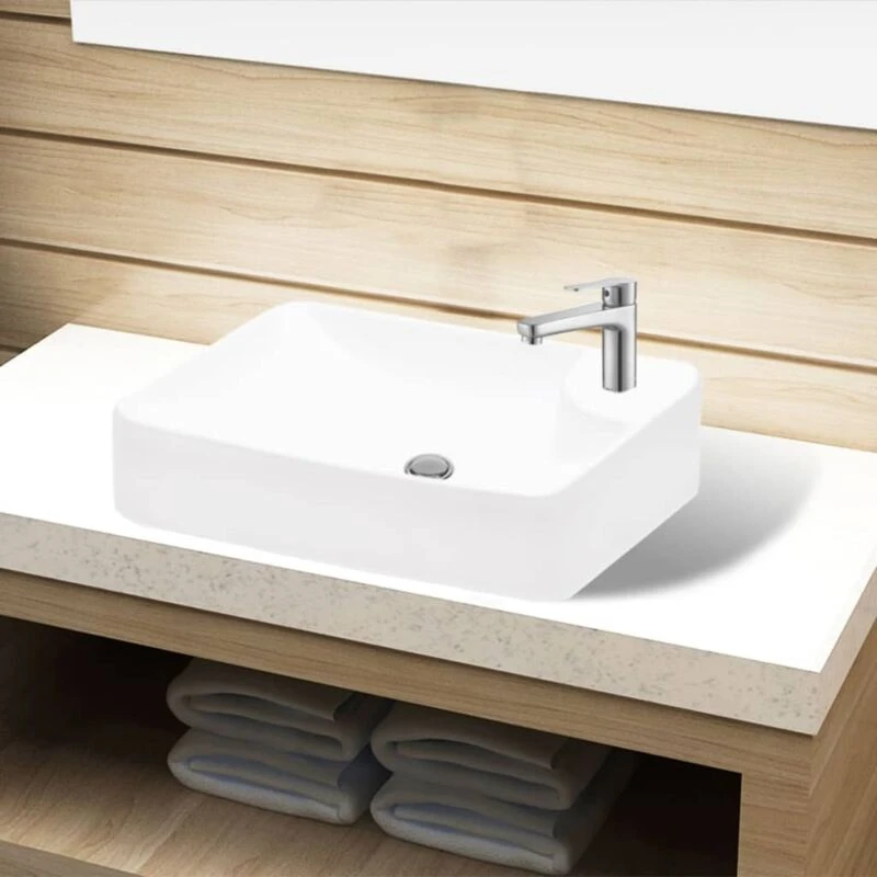 Image of vidaXL Ceramic Bathroom Sink Basin with Faucet Hole White Counter Top Fixture