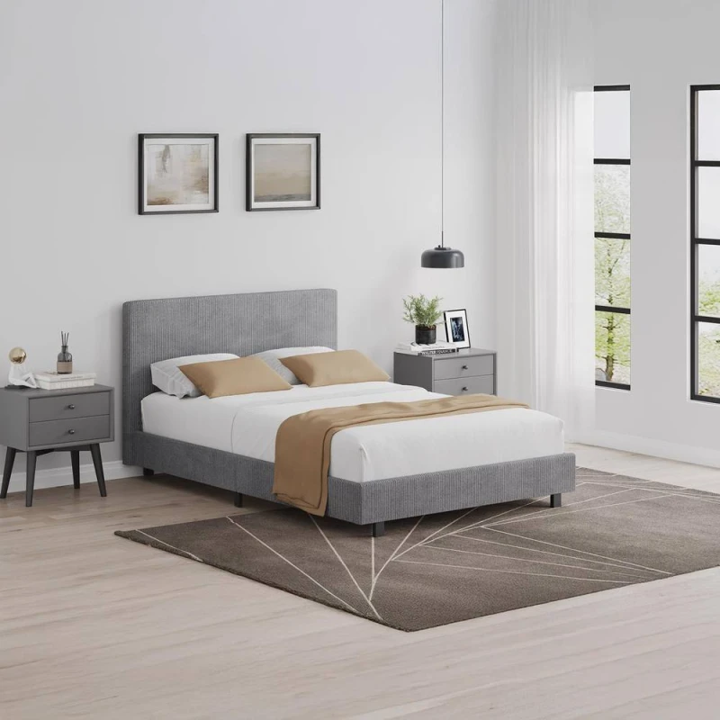 Image of FWStyle Small Double Queen Grey Ribbed Linen Upholstered Fabric Bed Frame Grey Unisex Small Double