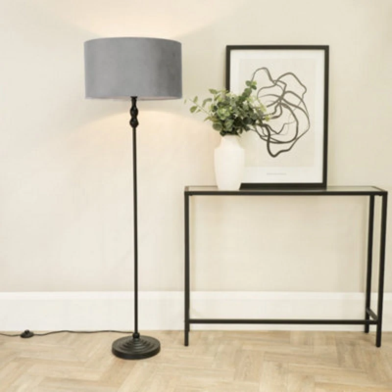 Image of ValueLights Maggie Black Metal Candlestick Floor Lamp with Velvet Lamp Shade Grey