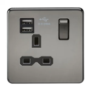 Image of KnightsBridge 13A 1G Screwless Black Nickel 1G Switched Socket with Dual 5V USB Charger Ports - Black Insert