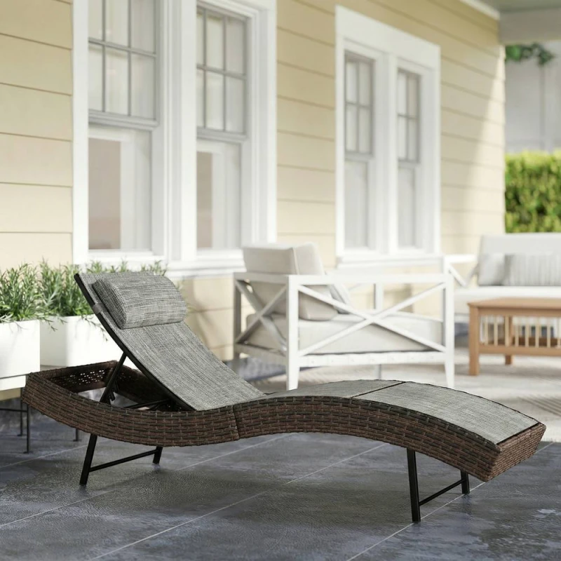 Image of OUTSUNNY Rattan Sun Lounger with 5 Position Back, Texteline Seat, Brown Size: 190cm x 60cm Brown Unisex 190cm x 60 cm