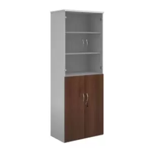 Image of Duo combination unit with glass upper doors 2140mm high with 5 shelves - white with walnut lower doors
