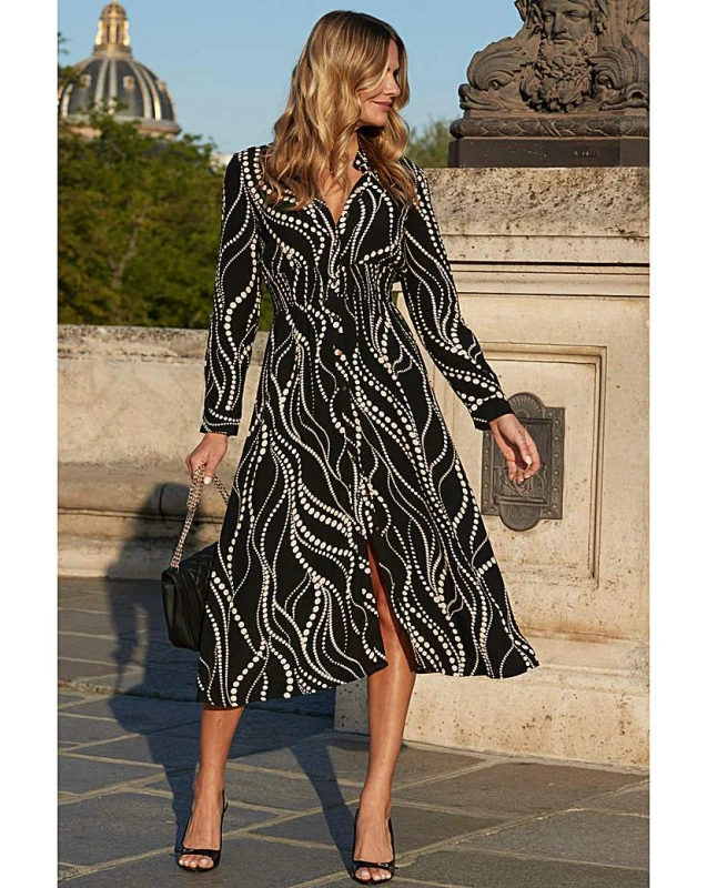 Image of Sosandar Sosandar Spot Shirred Waist Dress Black Multi - Sosandar - Size: 8 Black Multi Female 8 RF94809